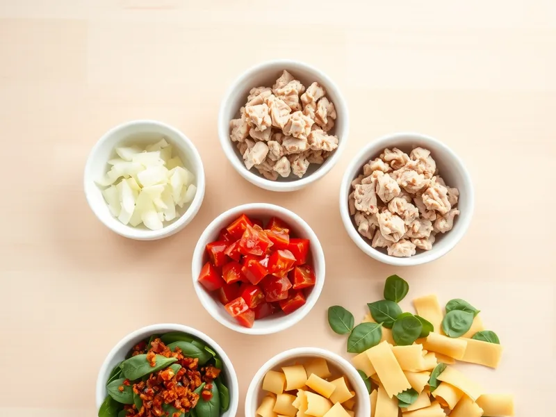 Small white bowls holding chopped onion and garlic, ground turkey, crushed tomatoes, baby spinach and broken lasagna noodles