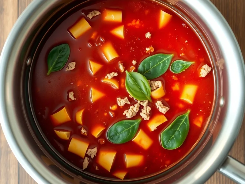 A pot of red tomato soup with broken lasagna noodle pieces, crumbled turkey and fresh spinach leaves