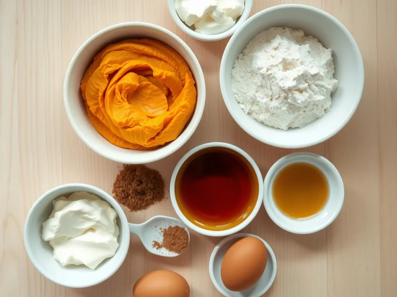 White bowls holding pumpkin puree, flour, Greek yogurt, maple syrup, cinnamon, olive oil, and two eggs