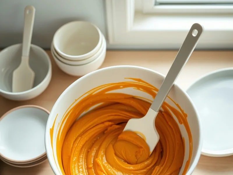 A white mixing bowl of smooth orange pumpkin batter with a silicone spatula resting in it