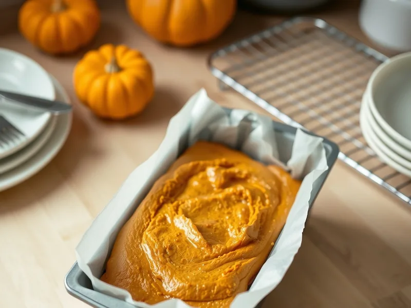 A parchment-lined loaf pan filled with orange pumpkin bread batter, smoothed on top