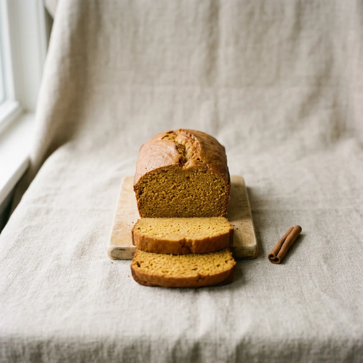 A loaf of pumpkin bread on a small wooden board with two slices in front and a cinnamon stick beside it
