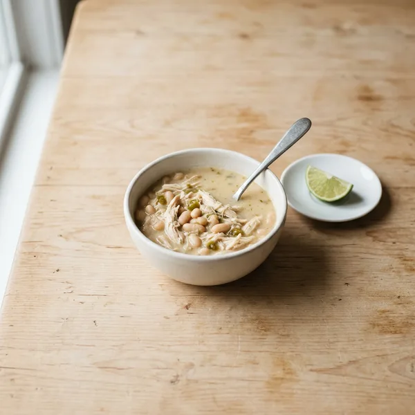 A white bowl of creamy white chicken chili with shredded chicken and white beans, and a lime wedge on a small plate beside it