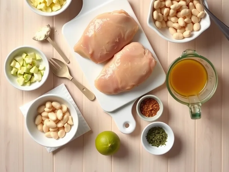 Chopped onion, garlic, chicken breasts, white beans, broth, spices and a lime laid out in small bowls on a counter