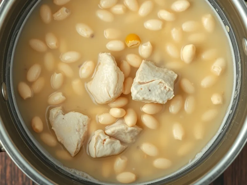 A pot of pale broth with white beans and pieces of chicken breast simmering gently