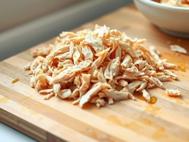 A pile of freshly shredded cooked chicken breast on a wooden cutting board next to a white bowl