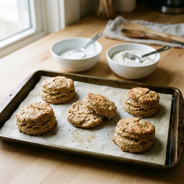 Whole wheat yogurt biscuits on a parchment-lined tray, one split open, with two small bowls of white powder behind