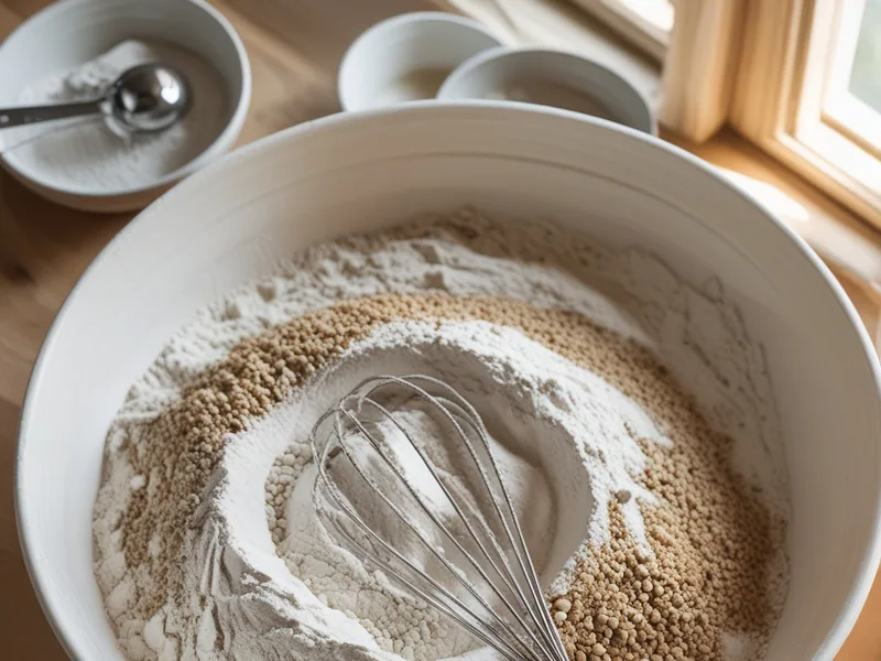 A white bowl of flour mixture with a metal whisk beside a small bowl of white powder