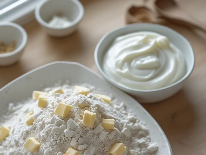 Coarse flour crumbs with small pieces of butter in a white bowl beside a bowl of Greek yogurt