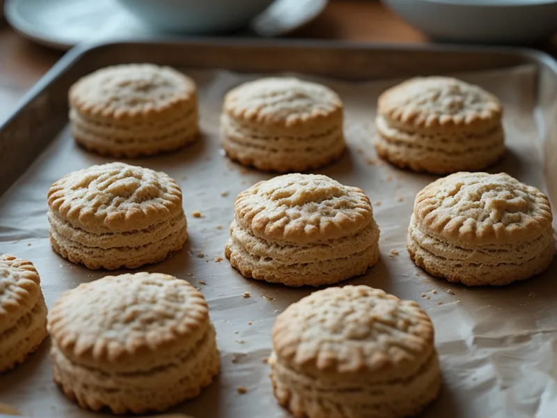 Golden whole wheat biscuits just baked on a parchment-lined baking tray