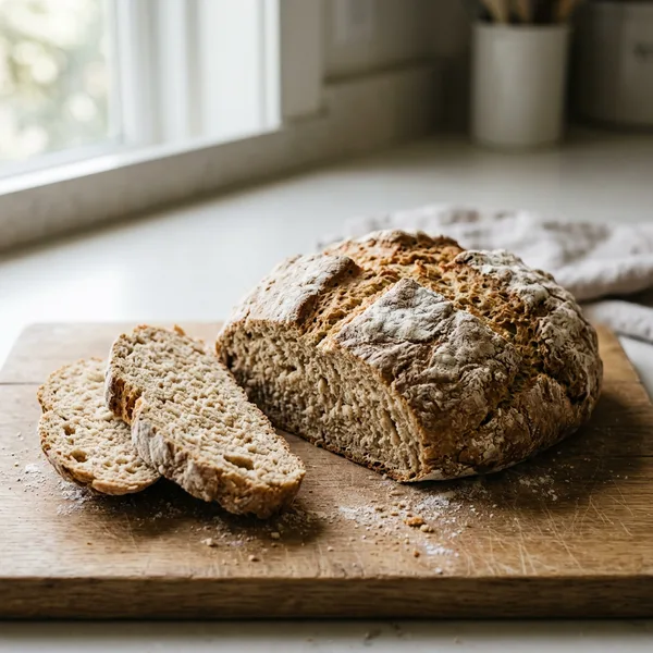 A round whole wheat soda bread loaf on a wooden board with two slices cut beside it