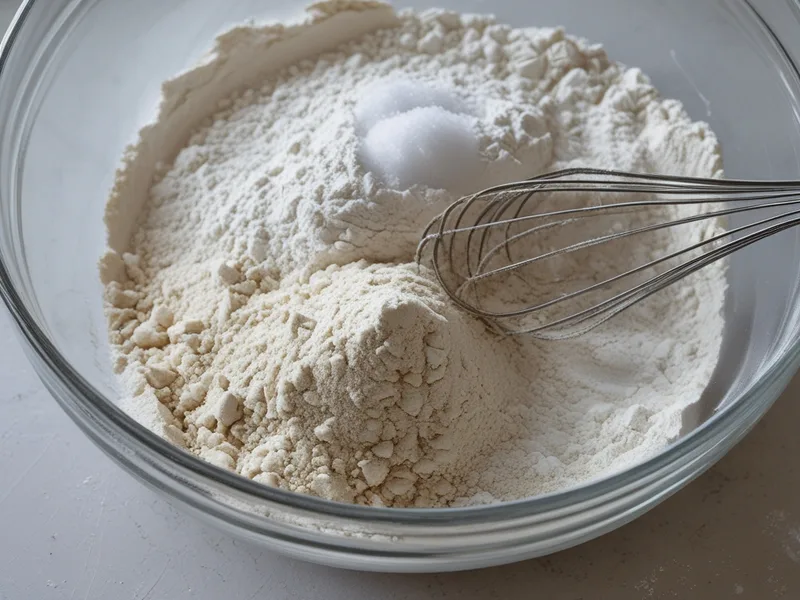 A glass bowl of whole wheat and white flour with a small pile of baking soda and a whisk