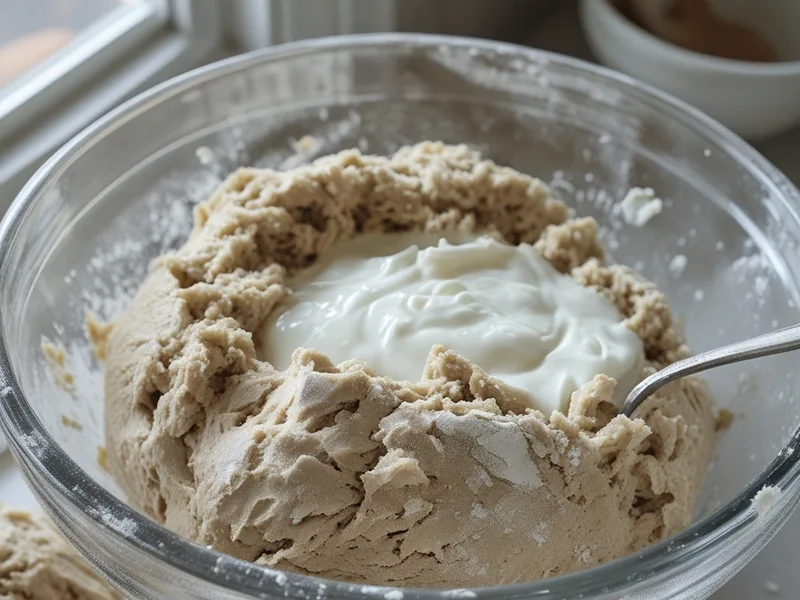 A glass bowl of shaggy whole wheat dough with Greek yogurt poured in and a fork resting in the bowl
