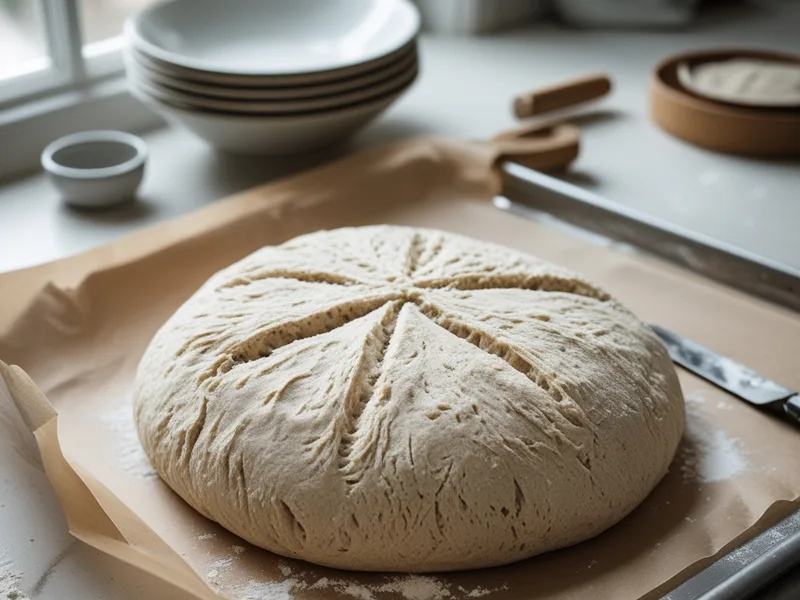 A round of whole wheat dough with a cross cut on top on a parchment-lined baking sheet