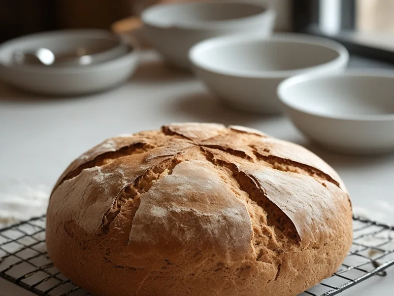 A golden whole wheat soda bread loaf with a cross on top cooling on a wire rack