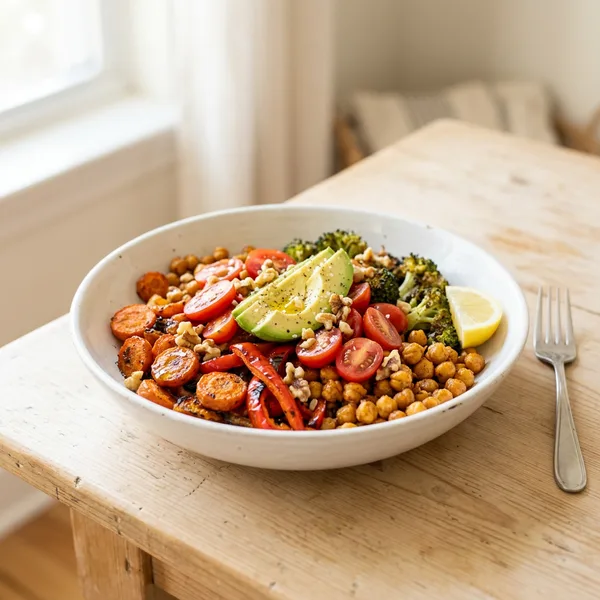 A white bowl of roasted carrots, red pepper, broccoli and chickpeas with tomatoes, avocado slices, walnuts and a lemon wedge