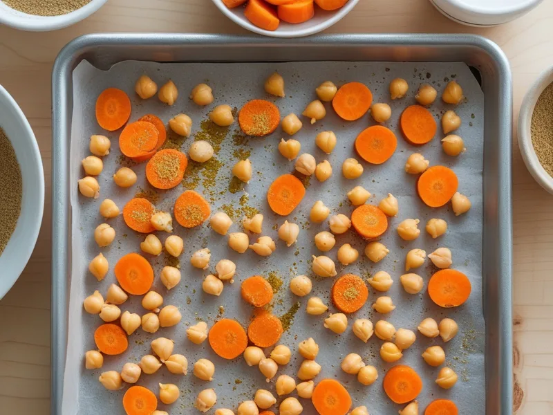 Orange carrot coins and chickpeas with cumin spread on a parchment-lined baking sheet