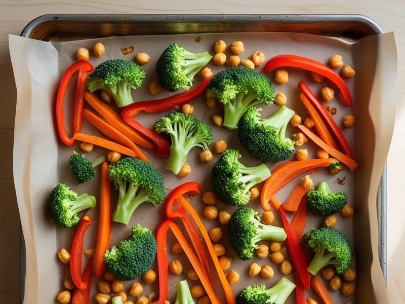 Red pepper strips and broccoli florets added to carrots and chickpeas on a parchment-lined baking sheet