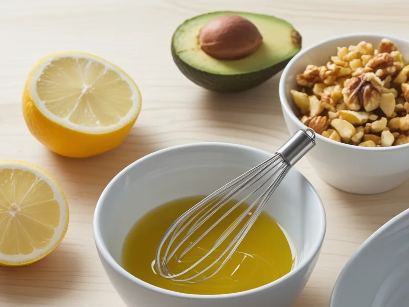 A small bowl of lemon and olive oil dressing beside lemon halves, chopped walnuts and half an avocado