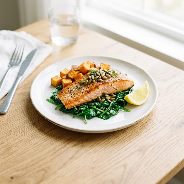 A white plate with roasted salmon topped with pumpkin seeds, sweet potato cubes, wilted spinach and a lemon wedge