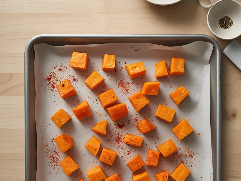 Orange sweet potato cubes with olive oil and paprika spread on a parchment-lined baking sheet