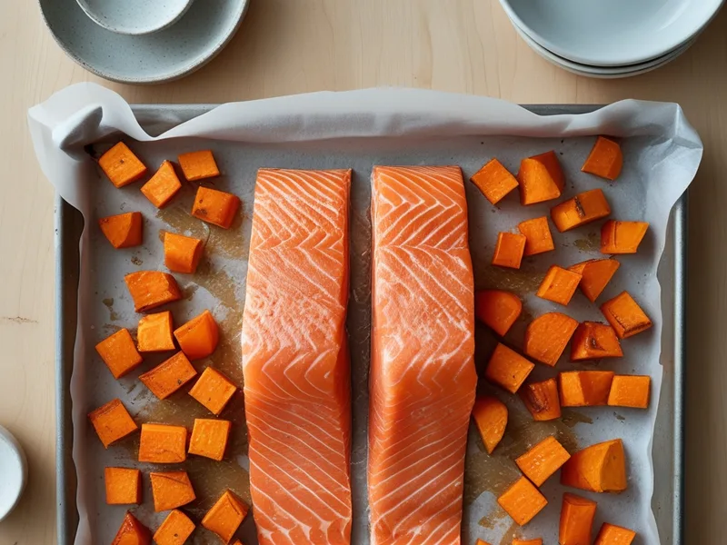 Two salmon fillets between roasted sweet potato cubes on a parchment-lined baking sheet