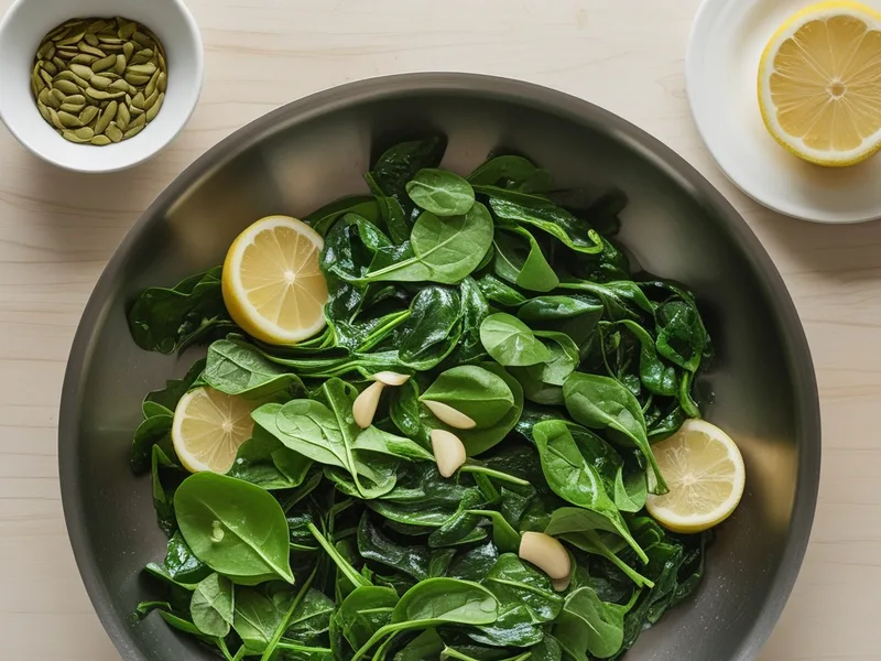 A skillet of wilted spinach with garlic, a lemon half and a small bowl of pumpkin seeds