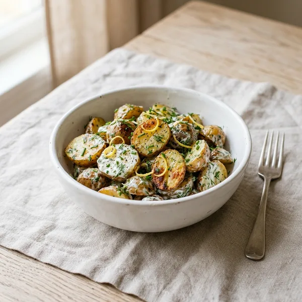 A white bowl of roasted baby potato salad with creamy yogurt dressing, fresh dill, chives and lemon zest