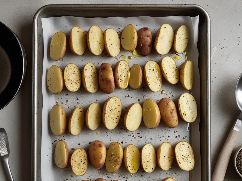 A parchment-lined baking sheet of halved baby potatoes, cut side up, glistening with olive oil and black pepper