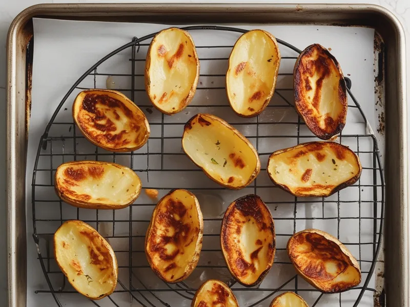 Golden roasted baby potato halves with browned edges cooling on a wire rack over a baking sheet