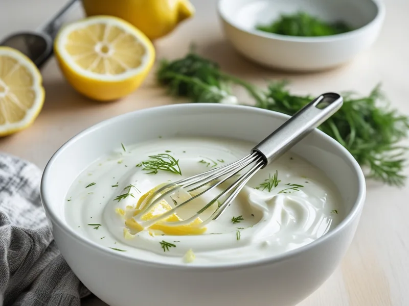 A white bowl of Greek yogurt dressing with a whisk, lemon halves and fresh dill beside it