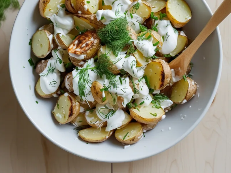 A large white bowl of roasted baby potato halves folded with creamy yogurt dressing, dill and chives, with a wooden spoon