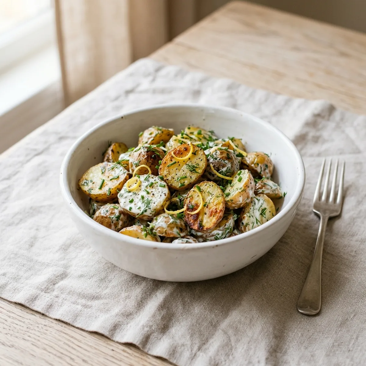 A white bowl of roasted baby potato salad with creamy yogurt dressing, fresh dill, chives and lemon zest