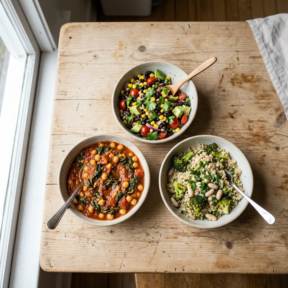 Three bowls: chickpea and spinach stew, black bean and avocado salad, and quinoa with broccoli and white beans