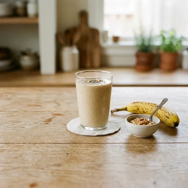 A tall glass of creamy banana peanut butter shake with chia seeds, beside a banana and a bowl of peanut butter