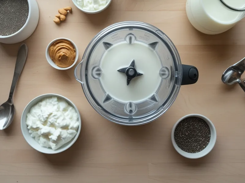 A blender jar with milk beside bowls of Greek yogurt, cottage cheese, chia seeds and peanut butter on a light wooden counter