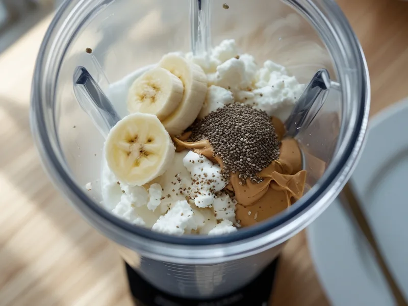 Banana slices, Greek yogurt, cottage cheese, peanut butter and chia seeds in a blender jar, seen from above