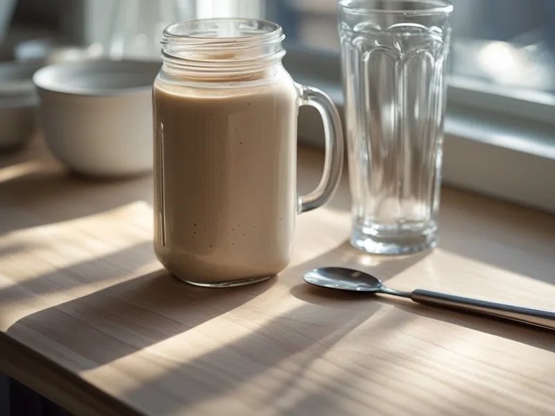 A glass jar of smooth creamy beige shake beside an empty tall glass on a sunlit counter