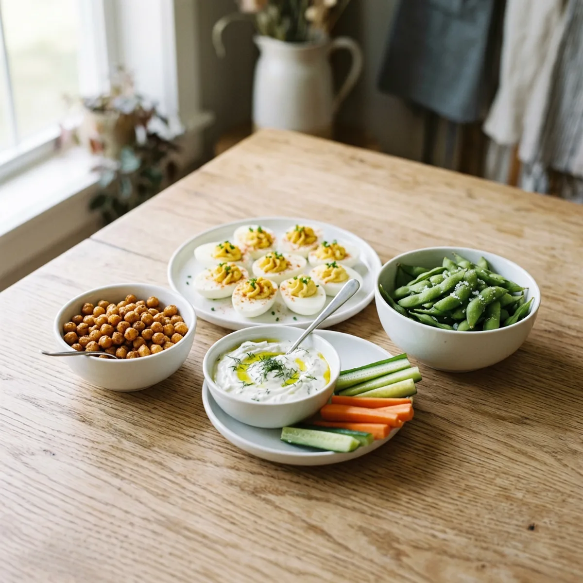 Four white bowls of roasted chickpeas, Greek yogurt dip with vegetable sticks, deviled eggs and edamame on a wooden table