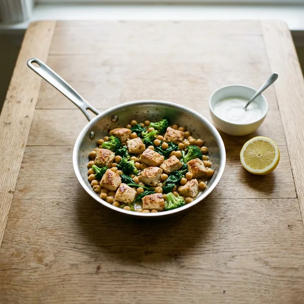 A skillet of golden chicken pieces, chickpeas, broccoli and spinach, with a bowl of yogurt sauce and a lemon half