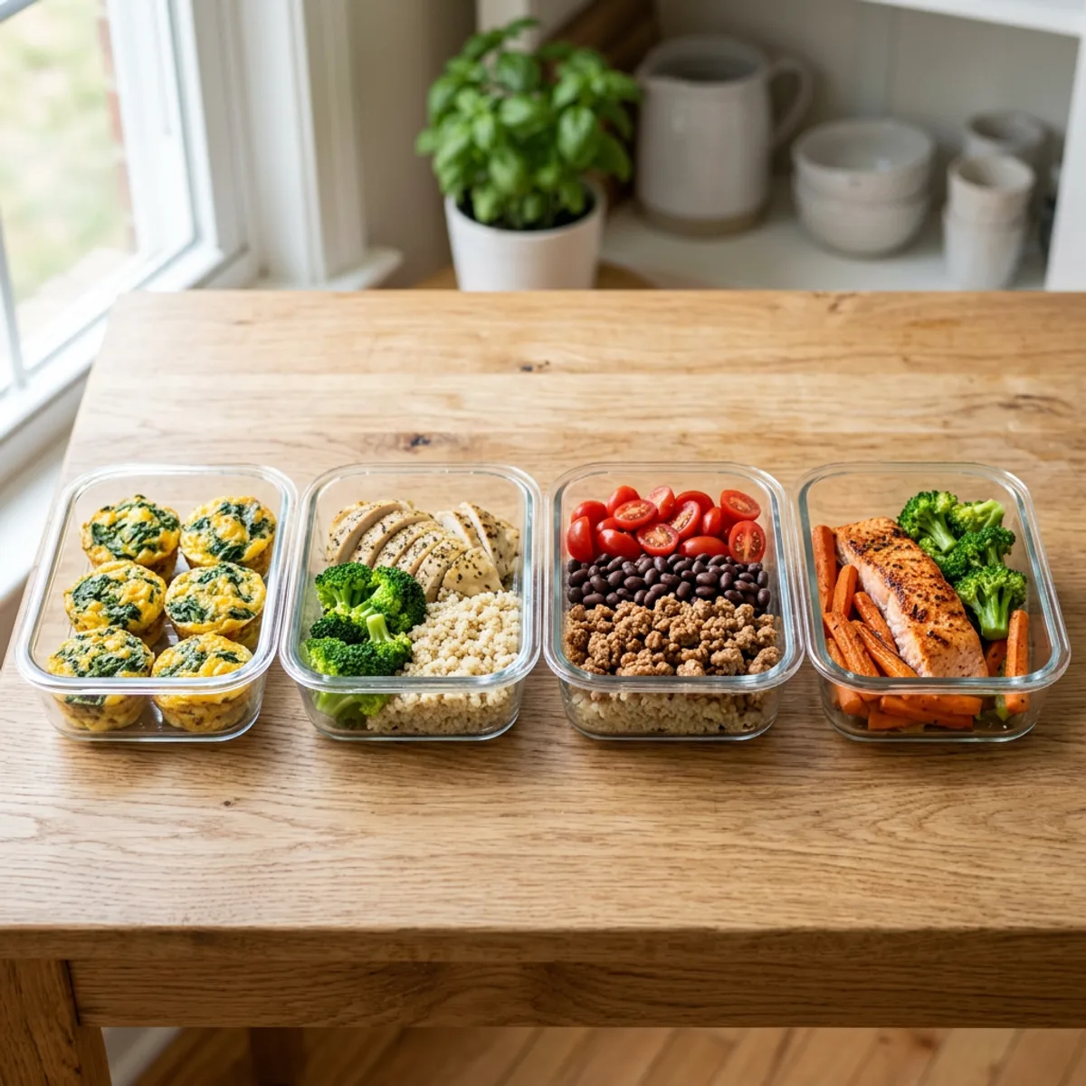 Four glass meal prep containers holding egg muffins, lemon chicken with quinoa, a turkey bean bowl and roasted salmon