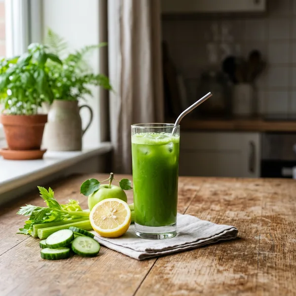 A tall glass of green juice with a steel straw, a lemon half, a green apple, celery and cucumber slices on a wooden table