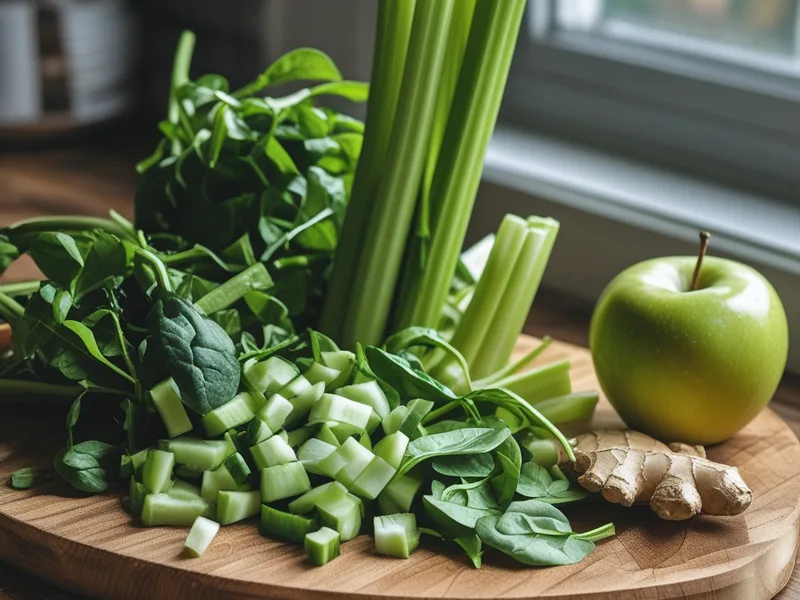 Diced celery, celery stalks, baby spinach, a green apple and a piece of ginger on a wooden cutting board