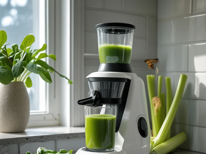 A white slow juicer with a glass of fresh green juice under its spout, spinach leaves and celery stalks beside it