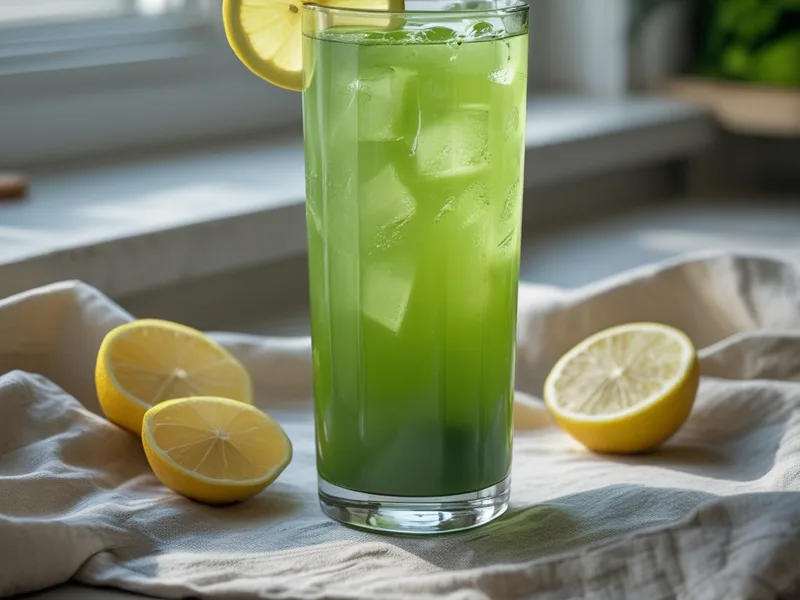 A tall glass of iced green juice with a lemon slice on the rim, lemon halves on a linen cloth