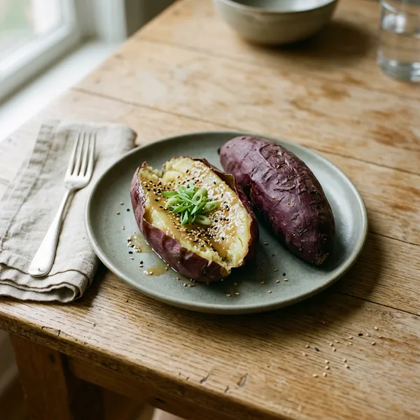 Two roasted Japanese sweet potatoes, one split open, glazed with miso and topped with sesame seeds and scallions on a grey-green plate