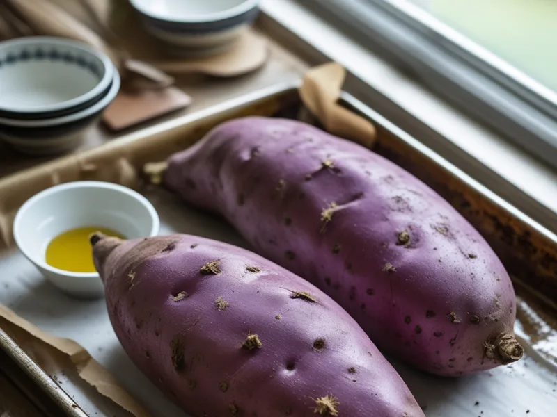 Scrubbed whole sweet potatoes with purple skin on a parchment-lined baking sheet next to a small bowl of olive oil