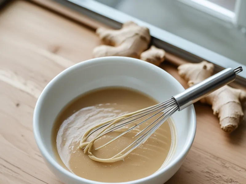 A small white bowl of pale miso glaze with a whisk and a little grated ginger beside it