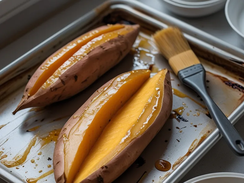 Roasted sweet potato halves with soft golden flesh brushed with a brown glaze on a baking sheet