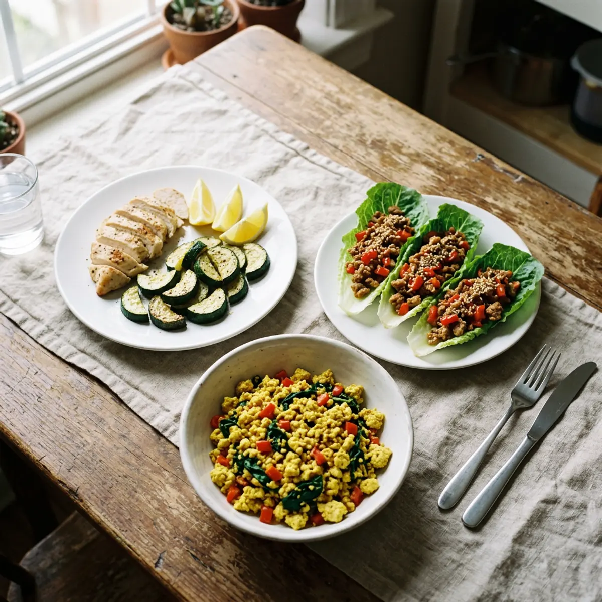 Three high protein low carb dishes: lemon chicken with zucchini, turkey lettuce wraps and tofu scramble